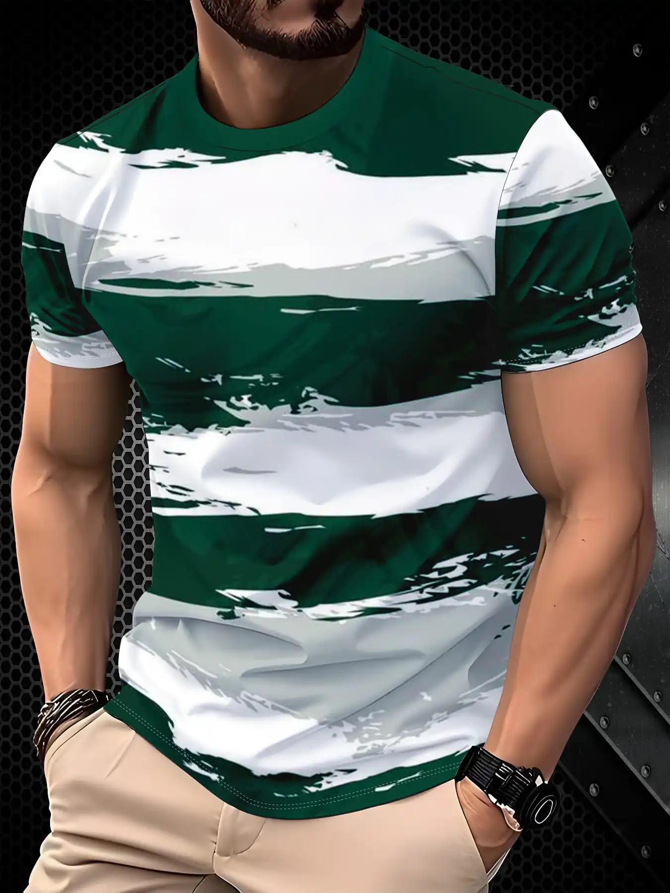 New men's short-sleeve T-shirt, loose-fitting and tailored with printed designs, versatile basic crew-neck top suitable for spri