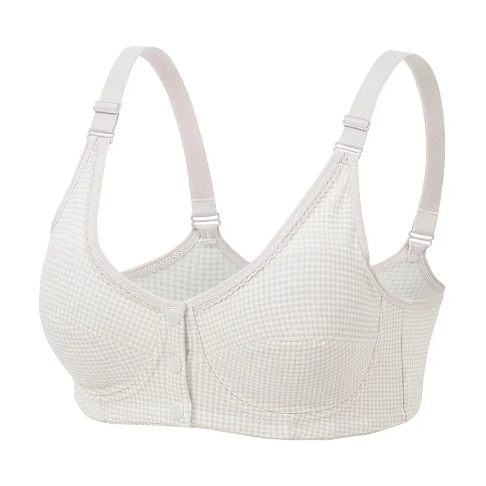 Grey Plaid Printing Nursing Bra Front Button Seamless Breathable Cotton Breastfeeding Maternity Bra Adjustable Strap Size 95B