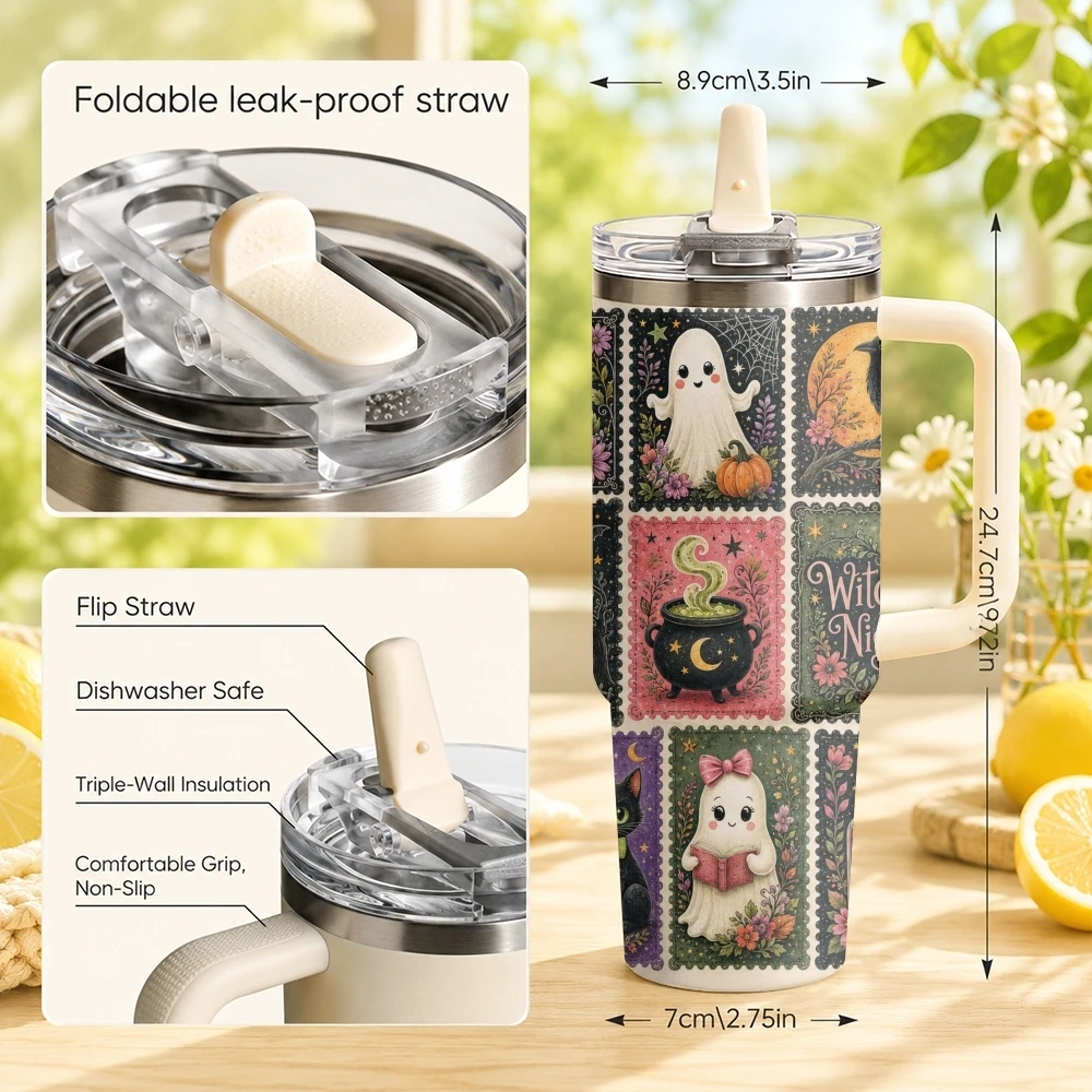 Halloween Stamp Designs Vacuum Flasks 40oz Stainless Steel Tumbler with Handle Straw Lid Vacuum Insulated Double Wall Leak Proof