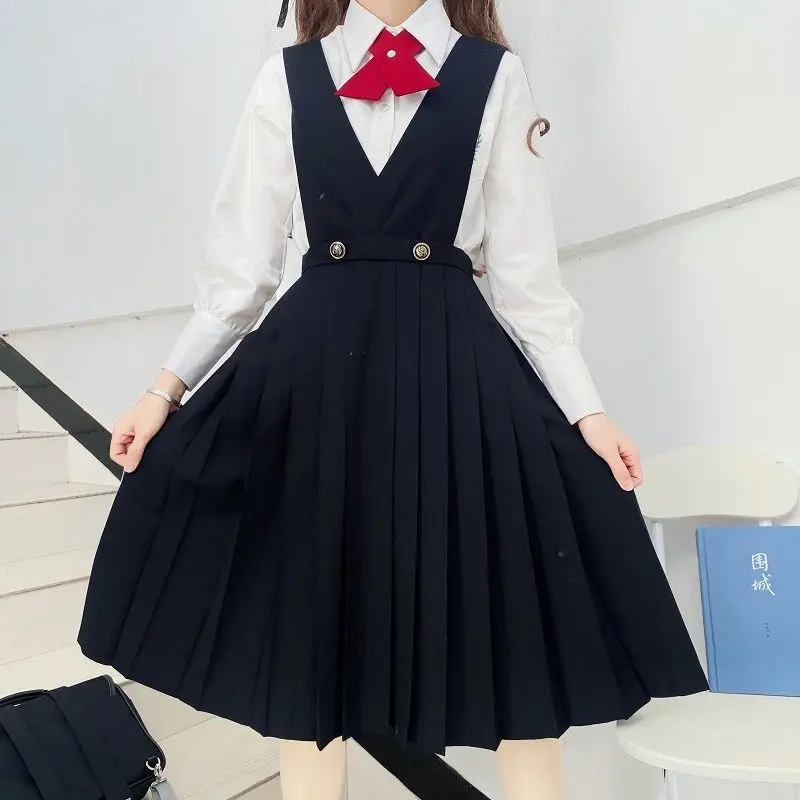 2024 Japanese Kawaii JK Uniform Strap Dress Bow Tie Y2K Student Loose Dress One-piece Suit Preppy Style Odzież Damska