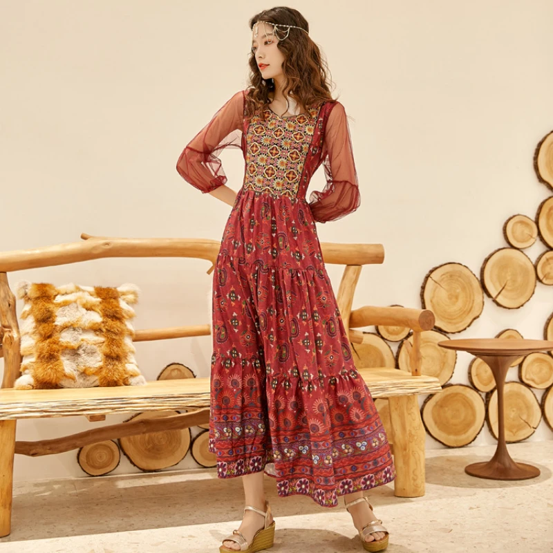 

Fashionable Retro 3/4 Sleeve Mesh Printed Long Dress with Embroidered Bohemian Ethnic Style Large Swing Dress for Women