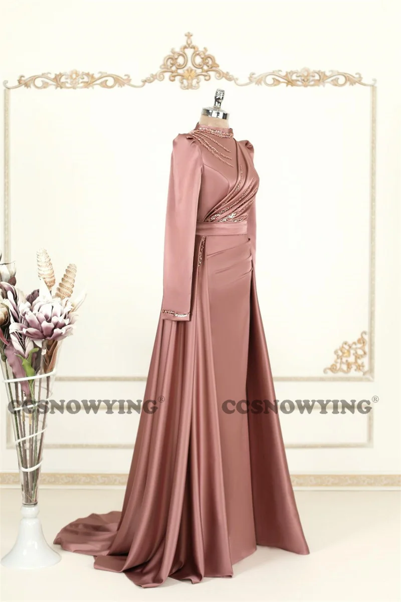 Satin Beaded Muslim Evening Dress Long Sleeve Prom Dress High Neck Islamic Arabia Dubai Formal Party Gown Hijab Robe De Soiree