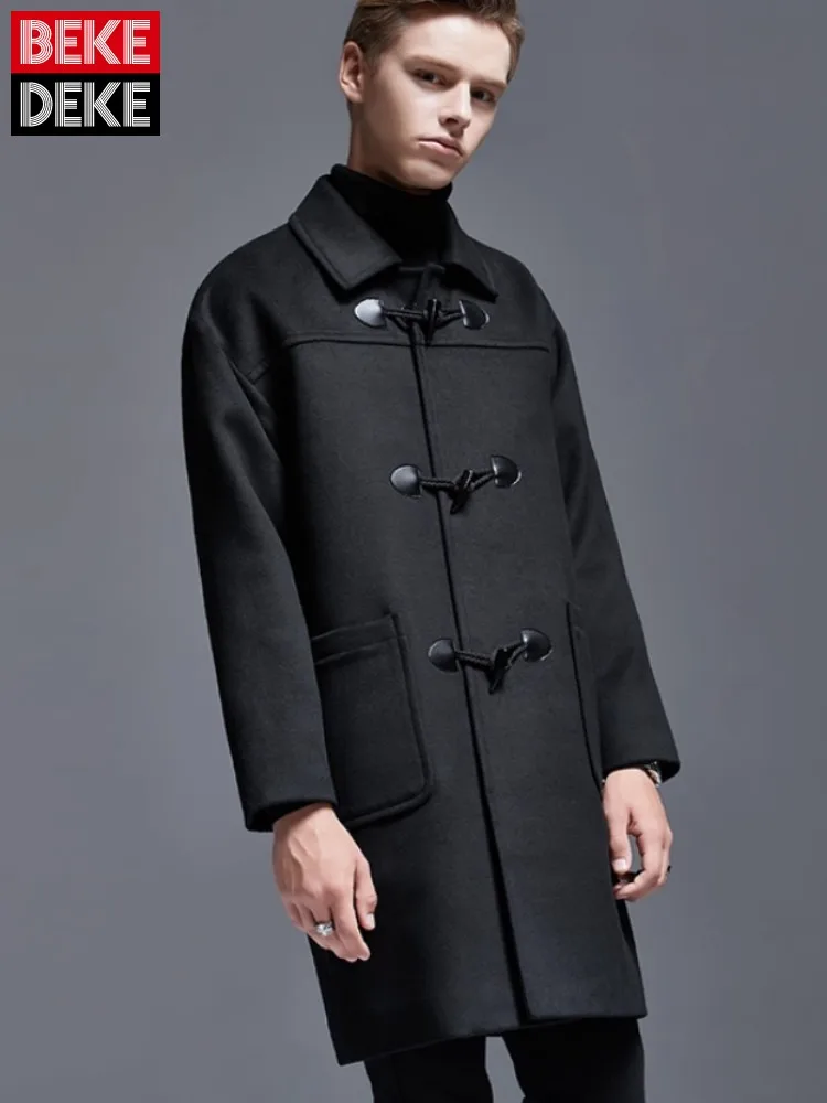 Business Casual Office Men Medium Long Woolen Coat Lapel Vintage Solid Color Preppy Style Loose Fit Horn Button Overcoat 6XL