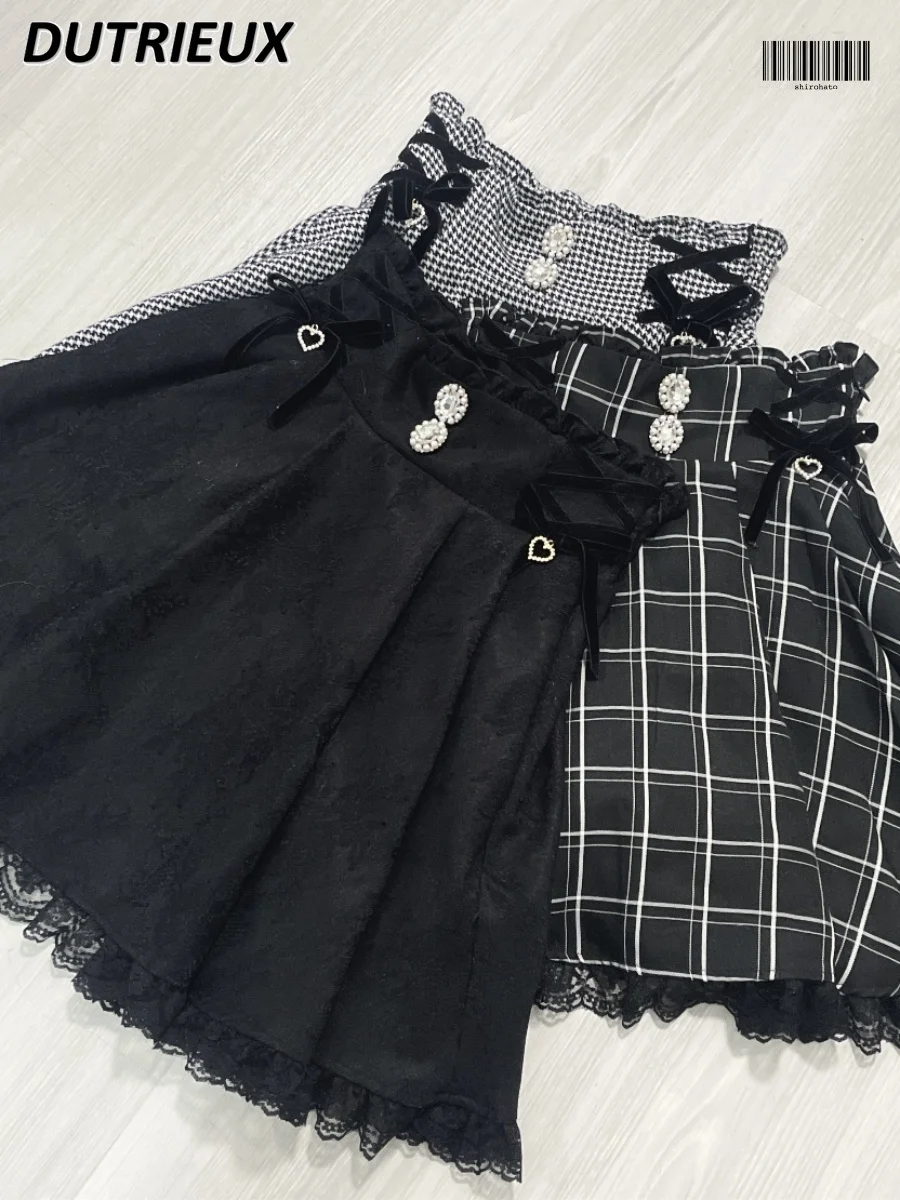 

Spring and Summer Lolita Sweet Girl Gem Buckle Short Skirt High Waist All-Matching Lace Pleated A-line Skirts for Women