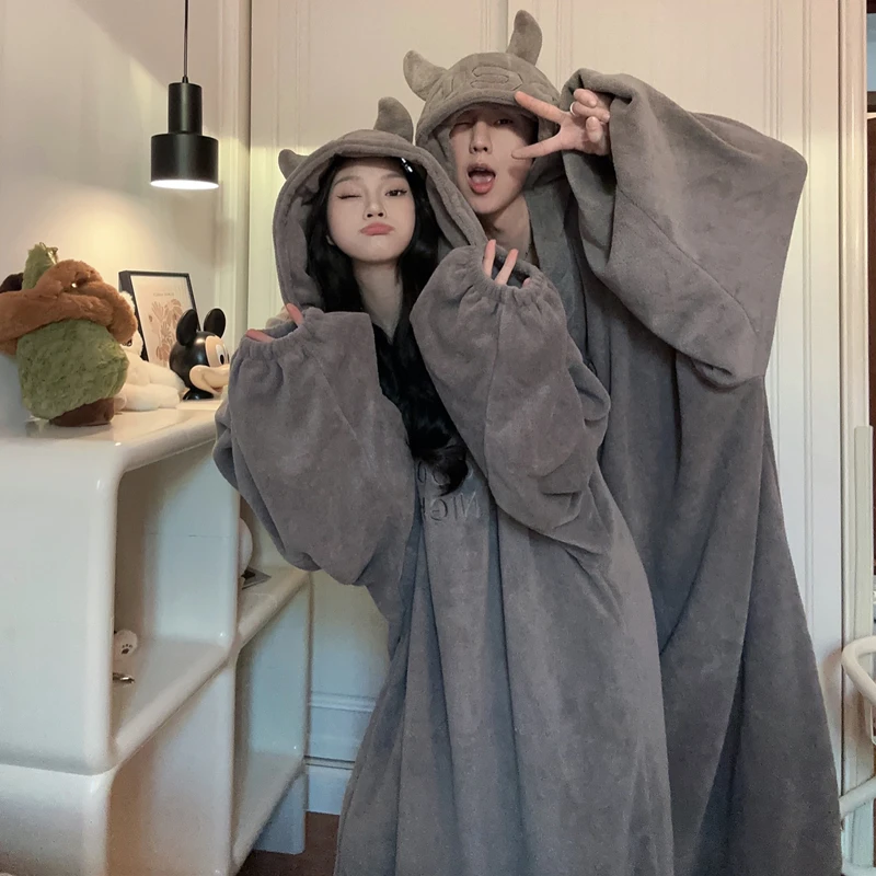 

Thickened and Velvet Couple Pajamas Autumn and Winter One-piece Men's and Women's Same Loose Plus Size Hooded Nightgown