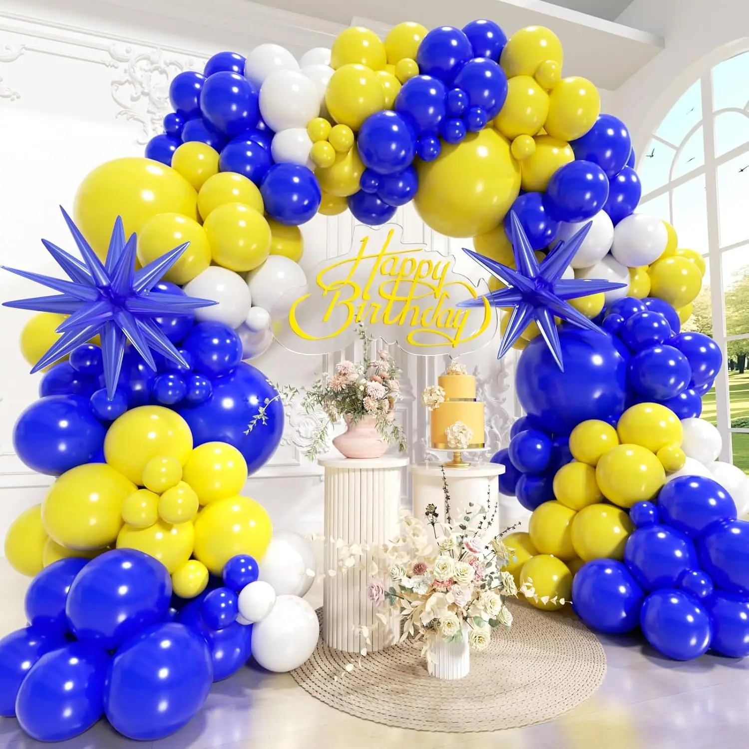 104Pcs Blue and Yellow White Balloons Arch Kit with Star Balloons for Birthday Wedding Bridal Shower Baby Shower Party Decor