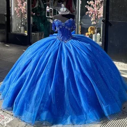 Lace Up King Blue Sparkly Quinceanera Dresses Charro Queen With Big Bow Off Shoulder Corset Prom vestido de 15 años Sweet 16