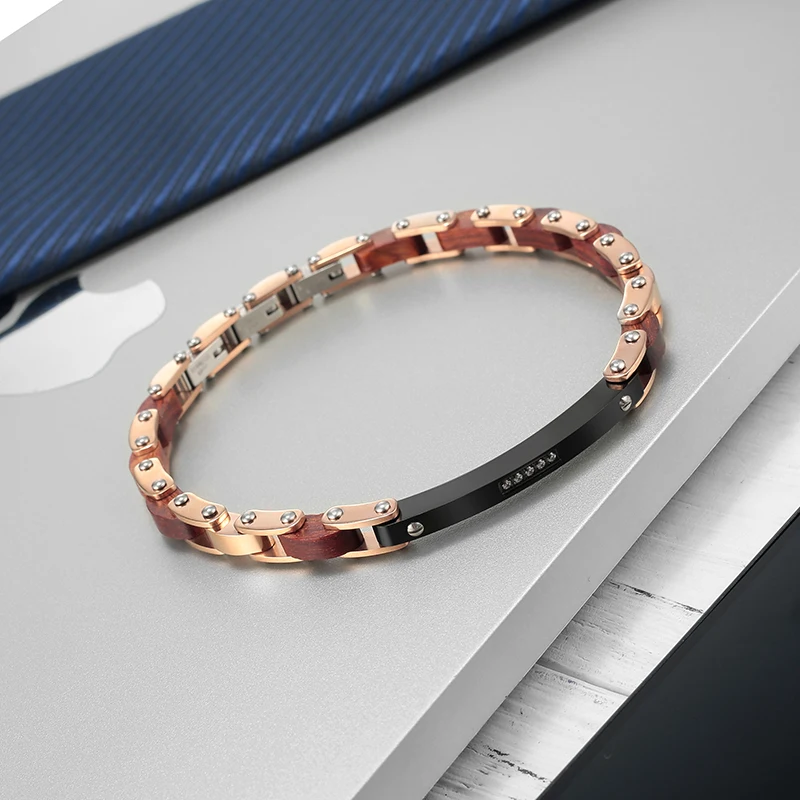 Moocare Stainless Steel and Wood Bracelet Fine Bend Sign With Inlaid Zircon  Fashion Jewelry Accessories For Men