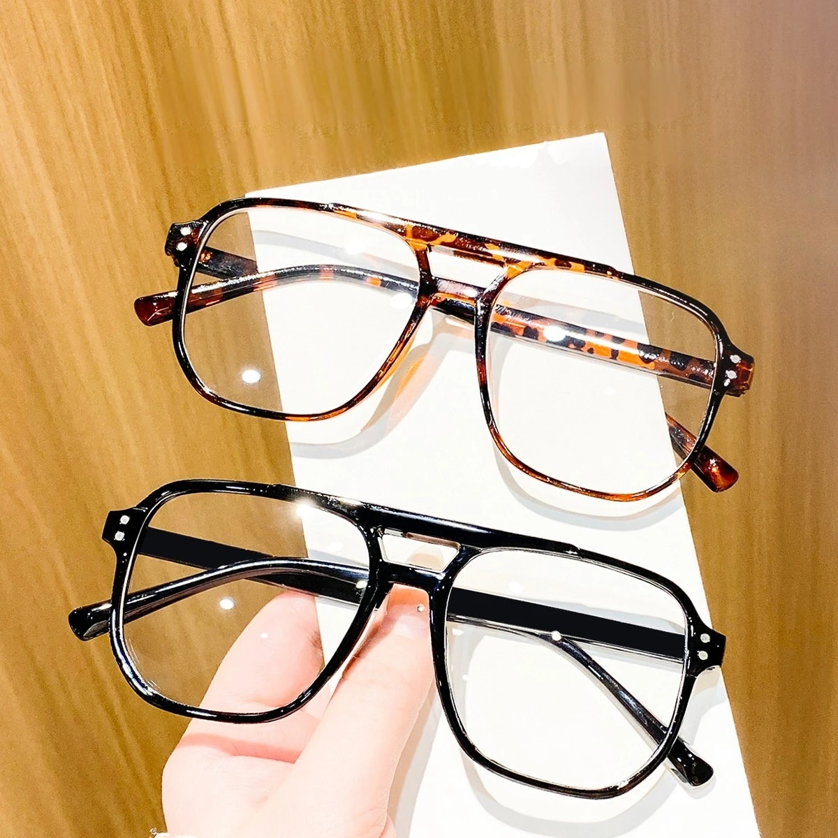 2 Pairs of Women's Plastic Double-Bridge Square Glasses with Unique and Simple Retro Elegant Artistic Temperament, Trendy Casual Versatile Fashion Glasses