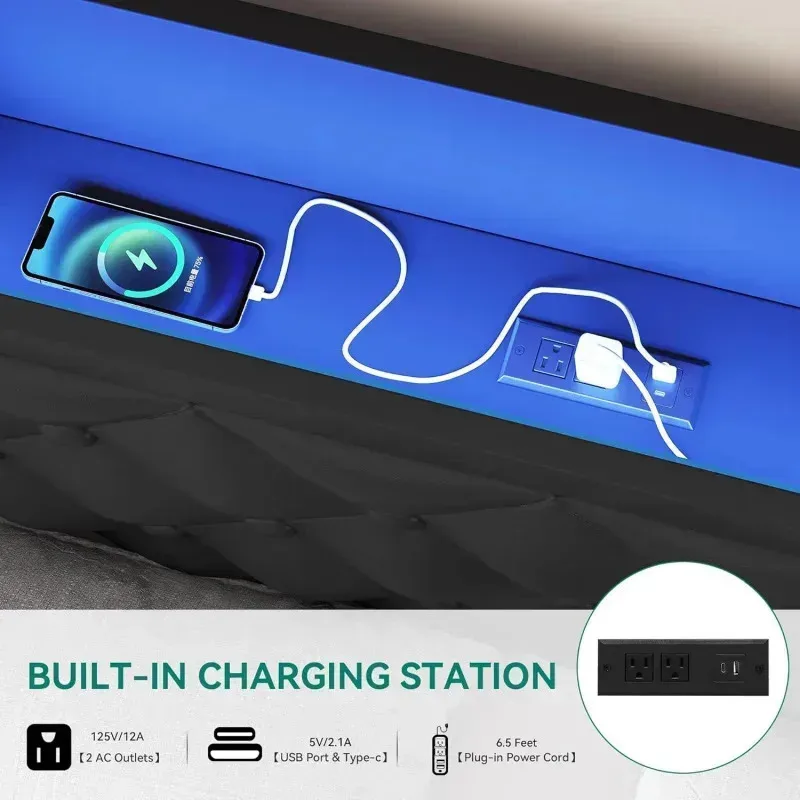 QAZ8-WQYITME إطار سرير كوين مع لوح أمامي و4 أدراج تخزين. سرير حديث منجد من الجلد الصناعي مع أضواء LED RGB #3