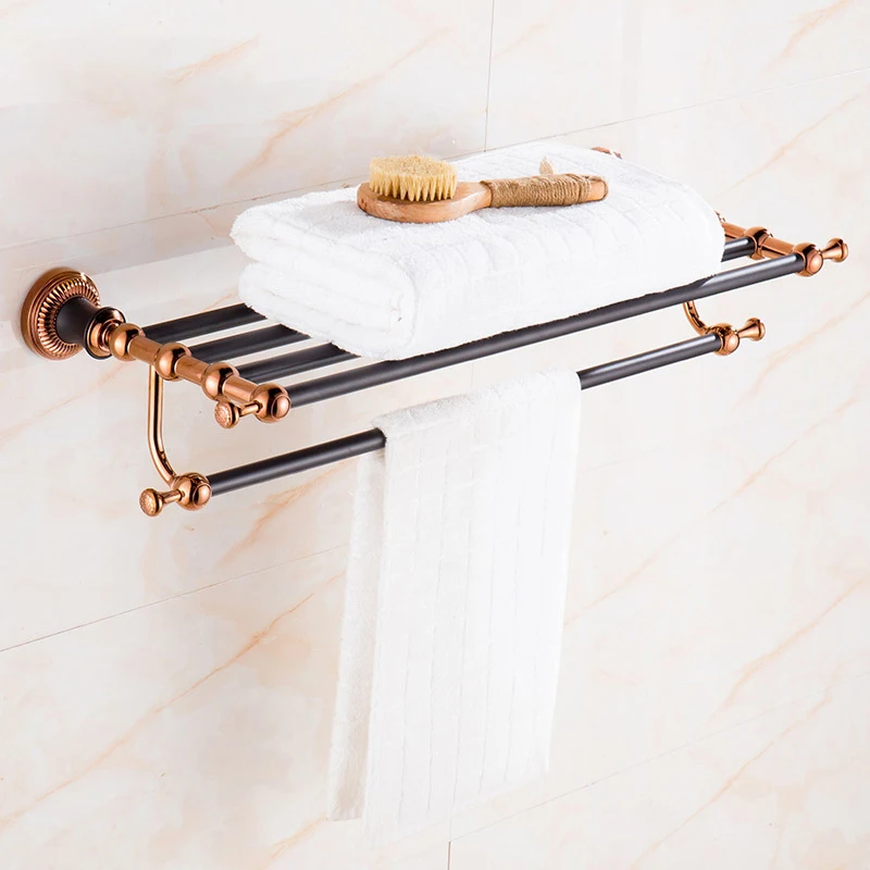 Rose Gold Towel Hanger Shelf Bathroom Wall Mount WC Toilet Paper Basket Makeup Rack Dual Layer Brush Ring Holder Soap Dish Sets