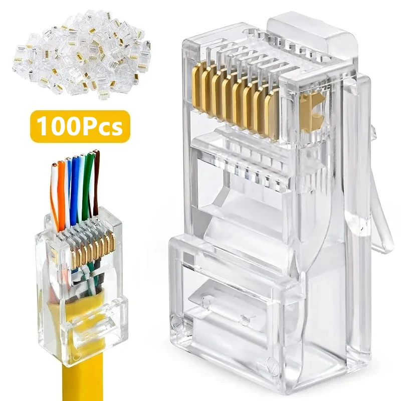 100PCS Cat6 Cat5e RJ45 Shielded Connector Modular Plug Cable Network Plugs Gold-Plated Ethernet PC Hardware Cable Adapter 8P8C