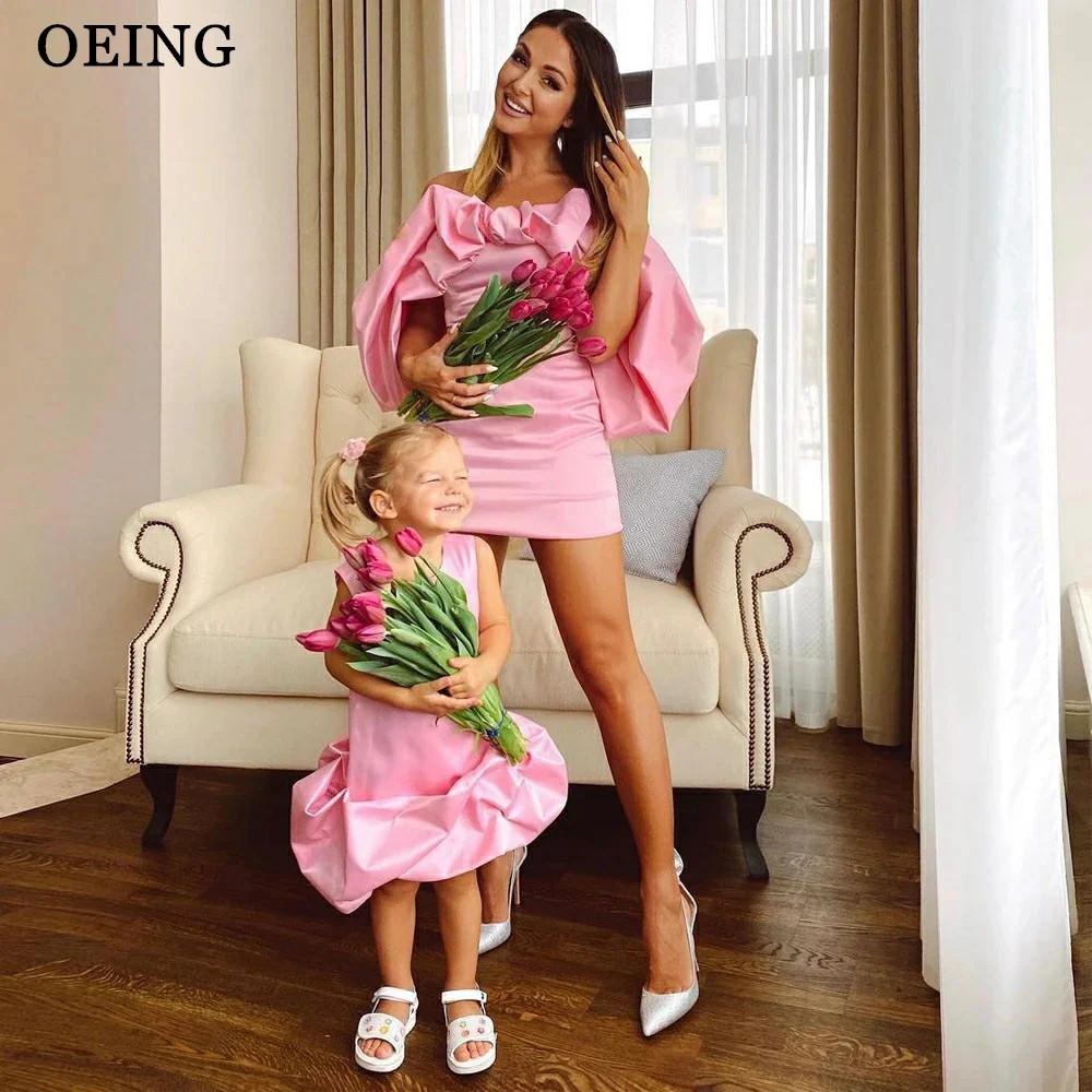 OEING Pink Satin Mother And Daughter Prom Dresses Sweet Mini Ruffles Short Mom And Kid Formal Party Gowns Photography Dress