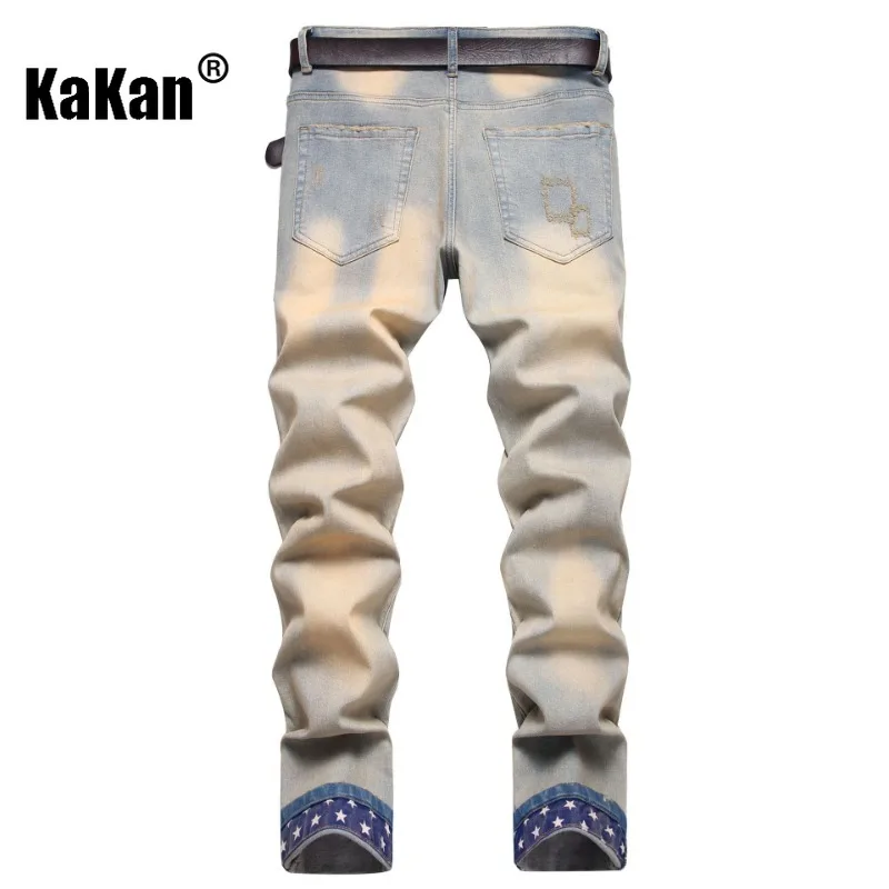 Kakan - European and American Original Personalized Embroidered Denim Jeans for Men, Retro Ruffled Elastic Long Jeans K87-F848