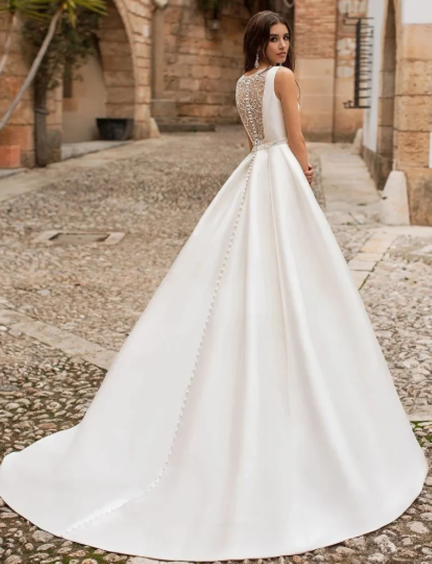 Othray Vestidos De Novia платье Satin Princess Wedding Dresses Scoop Neck Pockets Bride Gowns Buttons Country White Robe