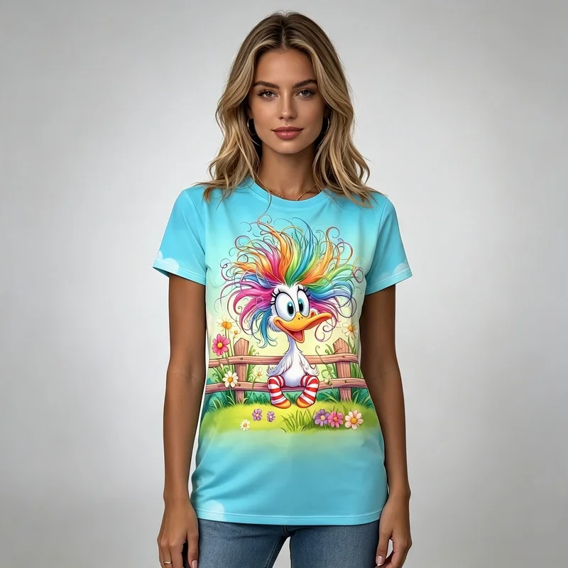 2026New round-neck short-sleeve top，Fun cartoon duck and wooden fence pattern，Casual everyday wear