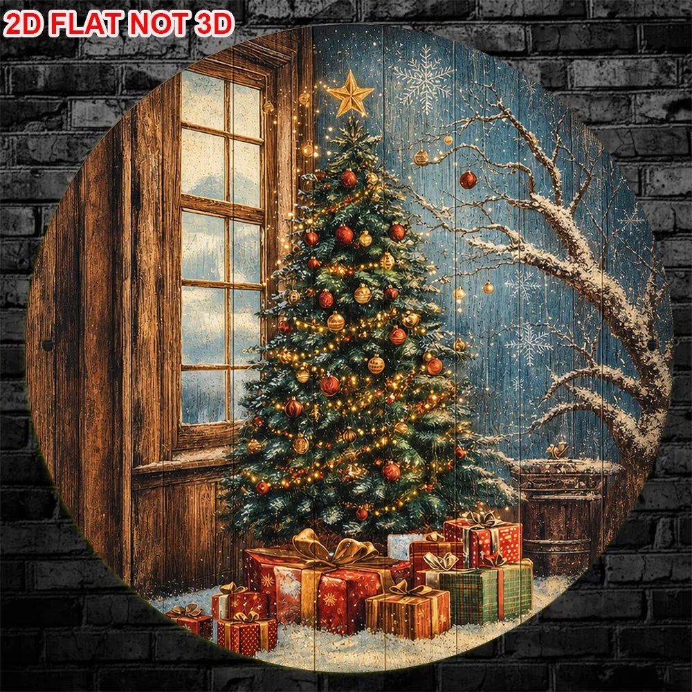 2D Flat, 1pc 8x8in/20x20cm 2D Flat Round Sign, Vintage Plaque Featuring Santa Claus and Christmas Tree, Christmas Decorative Sig
