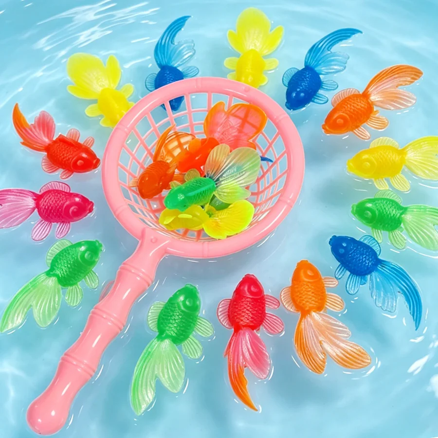 9/18pcs Floating Goldfish & Fishing Net Set, Pet Cat Toy Summer Swimming Party Desktop Ornament Fish Tank Pool Bathtub Decor XJM