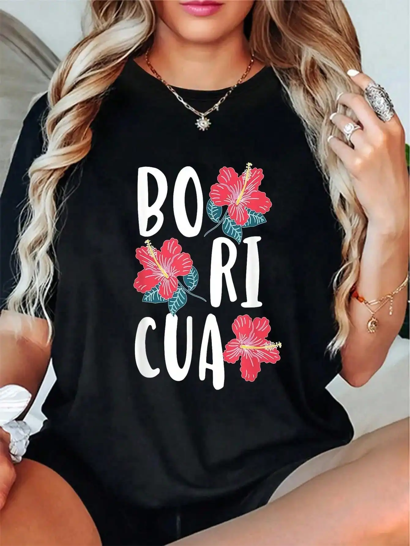 Kaus Lengan Pendek Leher Bulat Cetak 180G Kaus Wanita Puerto Riko Gadis Puerto Riko Bunga Boricua