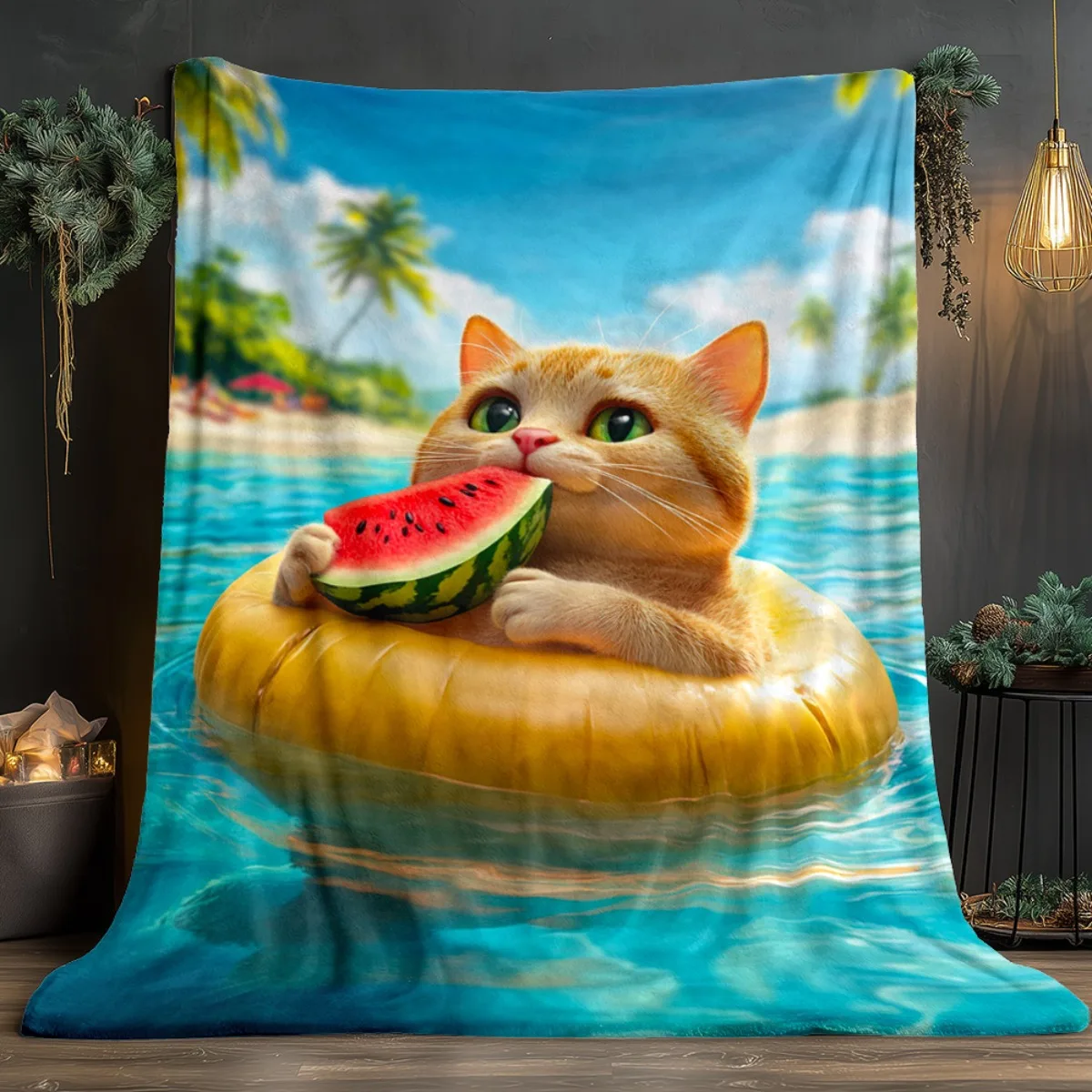 Cute cat eating watermelon on float beach scene flannel blanket summer fun animal print bedding kids room decoration cozy throw