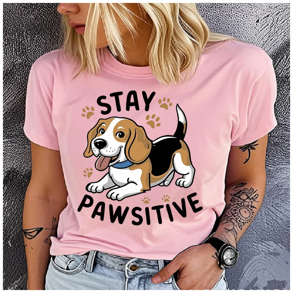 Cotton 100% Stay Pawsitive Beagle Dog Print Women T Shirt Cute Puppy Paw Positive Pun Slogan Graphic Pet Lover Casual Short