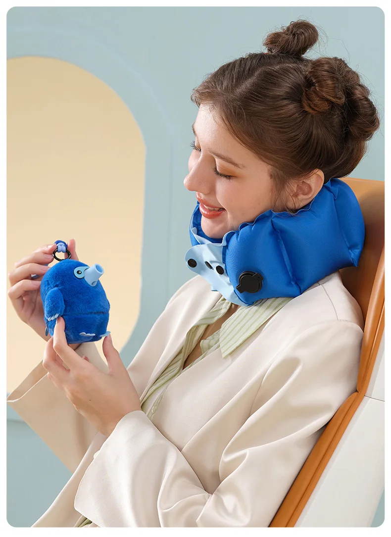 Cartoon Mole Pattern Inflatable Neck Support Pillow Lightweight Foldable Vertebra Protector For Flight Business Trip Home