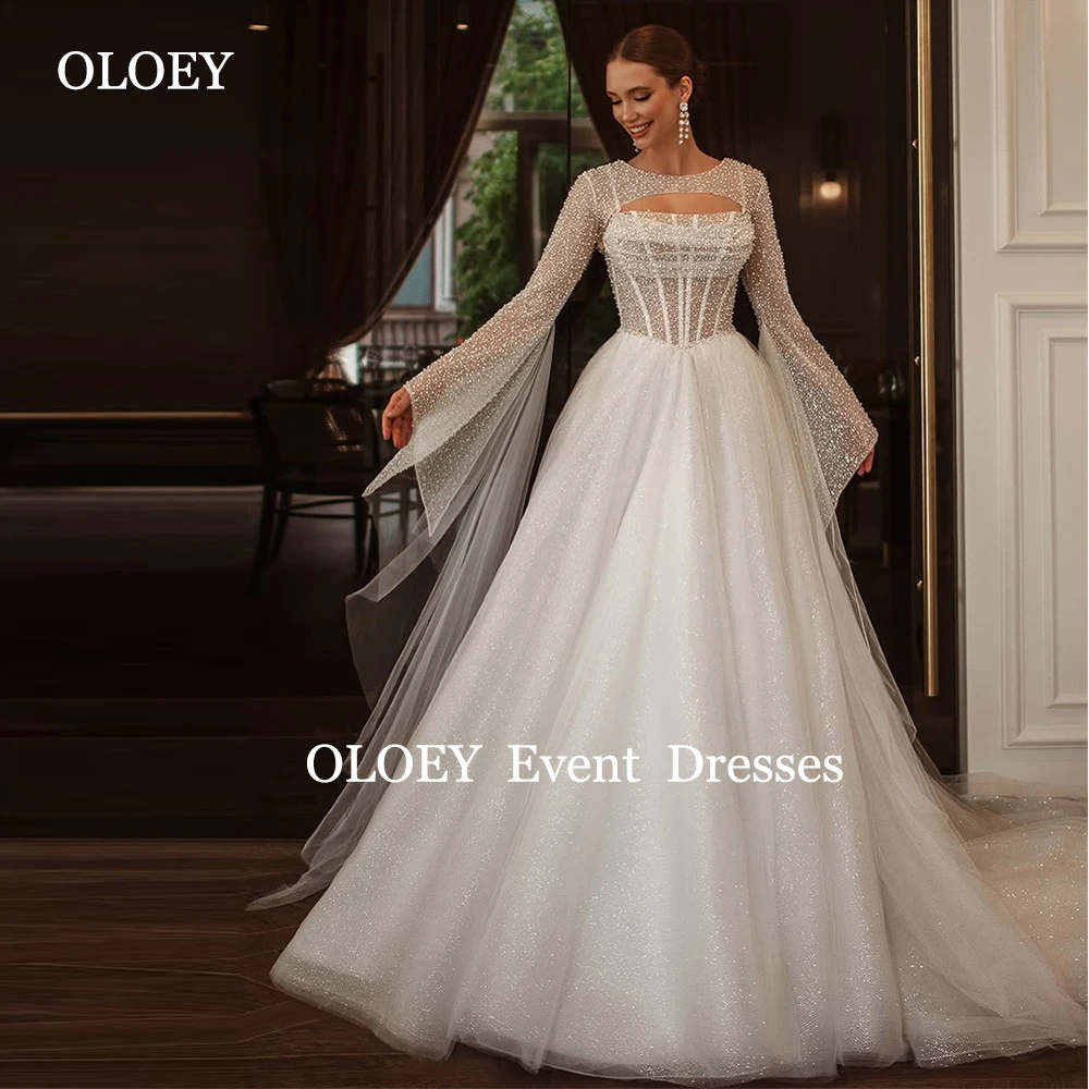 OLOEY Luxury Pearls Wedding Dresses with Jacket Floor Length A Line Bridal Gowns Glittery Lace Up Back Buttons Free Customized