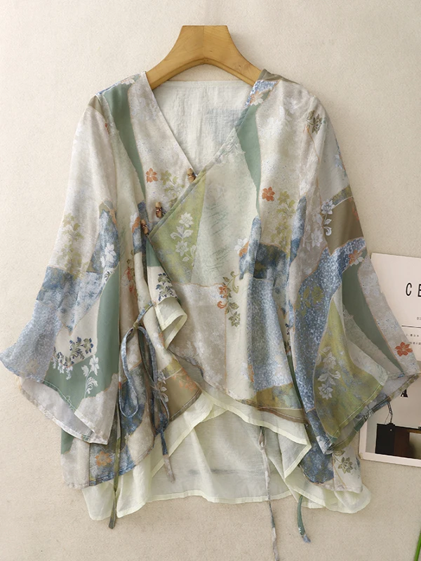 Retro Flax Double Layered irt Top Ethnic Sle V-Ne T-irt Summer New Arrival Women's Loose Fit Printed Tee