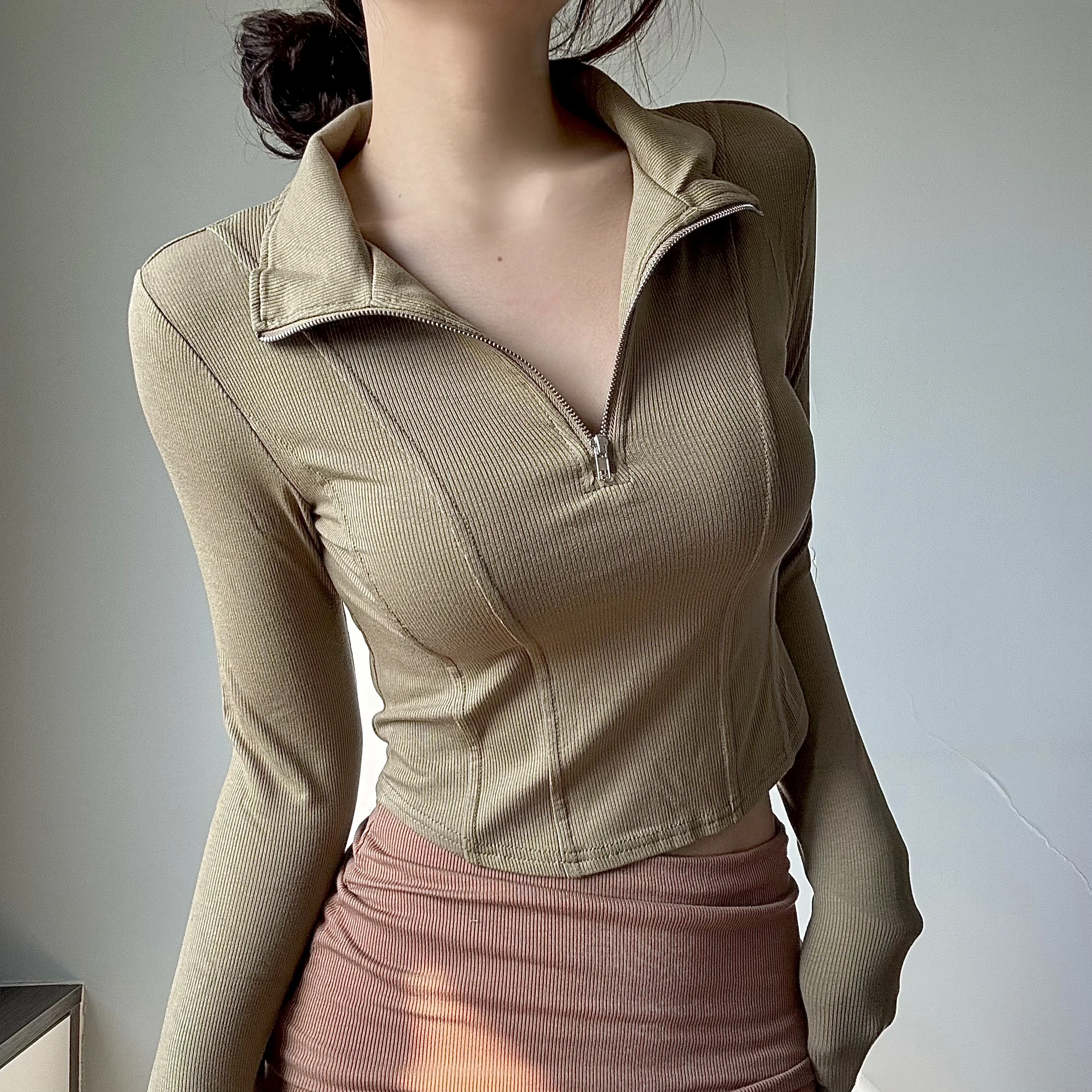

Spring and Autumn Zipper lapel Solid Tops New Sexy Women Long sleeves High collar Pullover Bottoming Blouses T-shirt