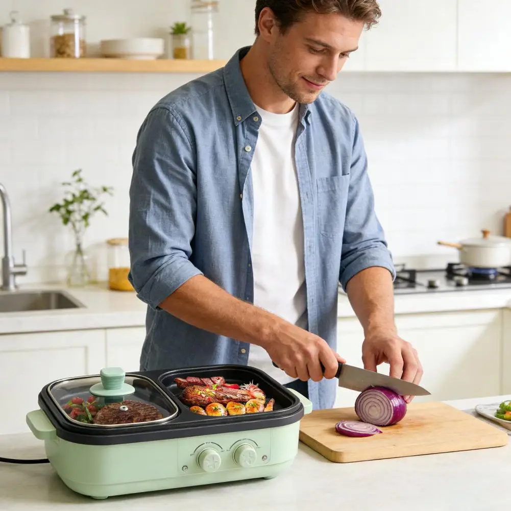 High-efficiency Heating Pan Non-stick Electric Skillet Electric Hot Pot Grill Pan 2-in-1 Non-stick Cooker with Glass Lid Dual