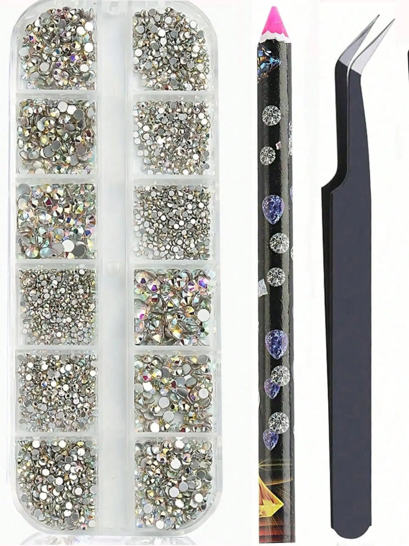

AB Crystal Nail Art Rhinestone Set, Multi-Size Flat Gems with Tweezers & Pen. Odorless. Suitable for DIY Nail Decoration & Nail Jewelry. Nail Supplies.
