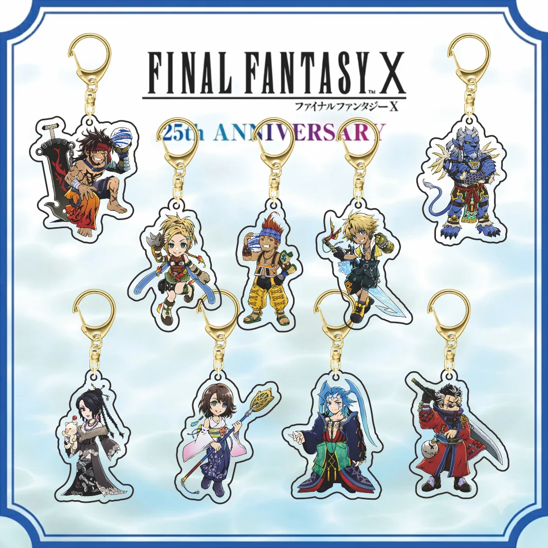Final Fantasy X 25th Anniversary Acryl-Schlüsselanhänger Q-Version Tidus Yuna Rikku Wakka Auron Doppelseitiger Rucksack-Anhänger