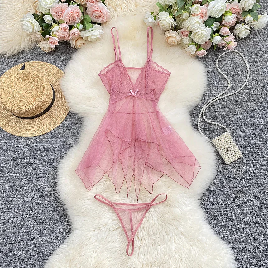 Сексуальный сетчатый прозрачный тонкий кружевной комплект одежды для сна, женское соблазнительное нижнее белье, милая ночная рубашка для взрослых, развлечений, интимная одежда