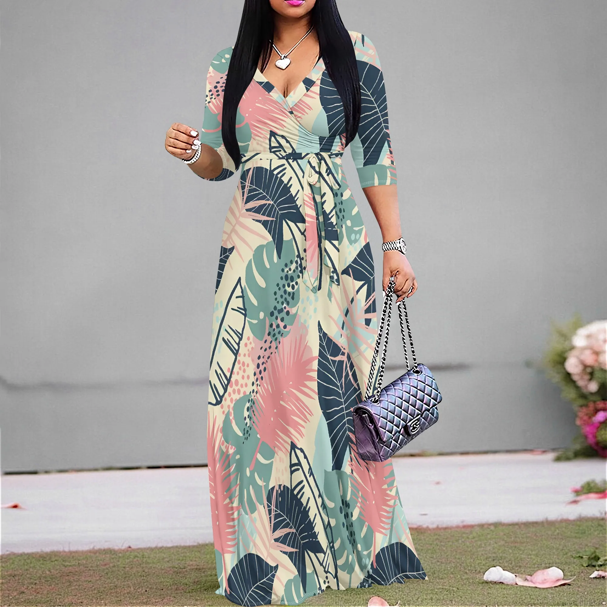 

Nupusa Women's Half Sleeve Maxi Dress with Tropical Leaf Print for Summer Outings