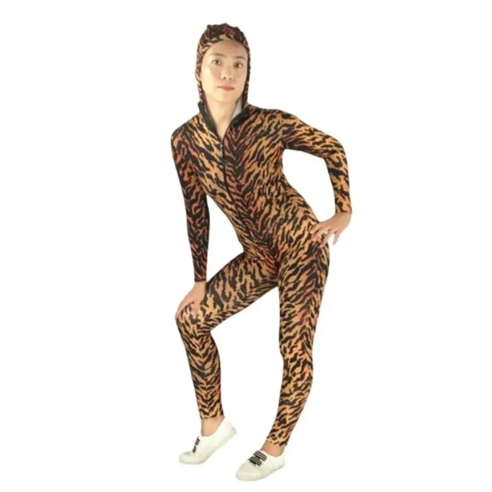 

New style Brand Custom Made bodysuit tiger pattern Spandex Zentai Adult kids Halloween Animal Cosplay Costume Hooded tight
