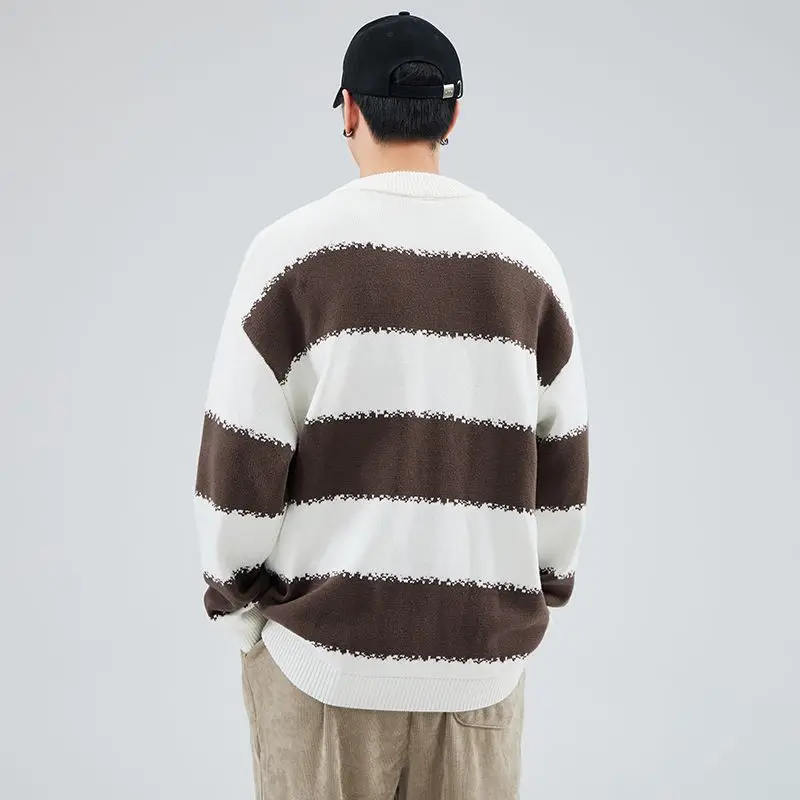 

Свободный мужской вязаный свитер, круглый пуловер, осень-зима, теплый базовый слой, повседневный полосатый бренд Lazy Faion