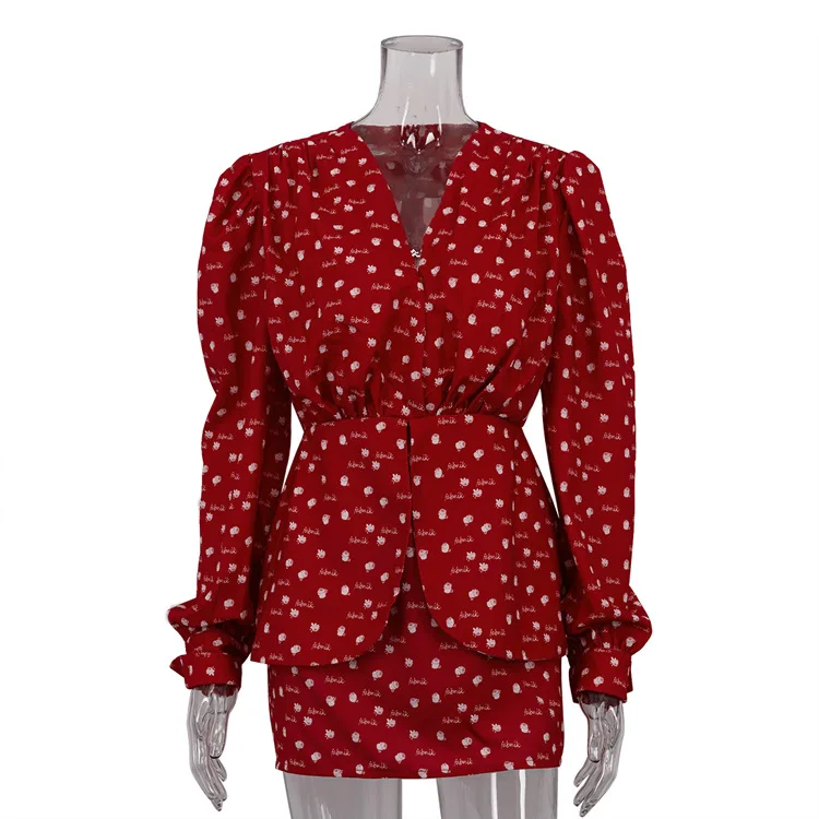 2026 nova moda impressa com decote em v manga comprida vestido plissado feminino design de camada dupla sentido cintura alta saia quadril