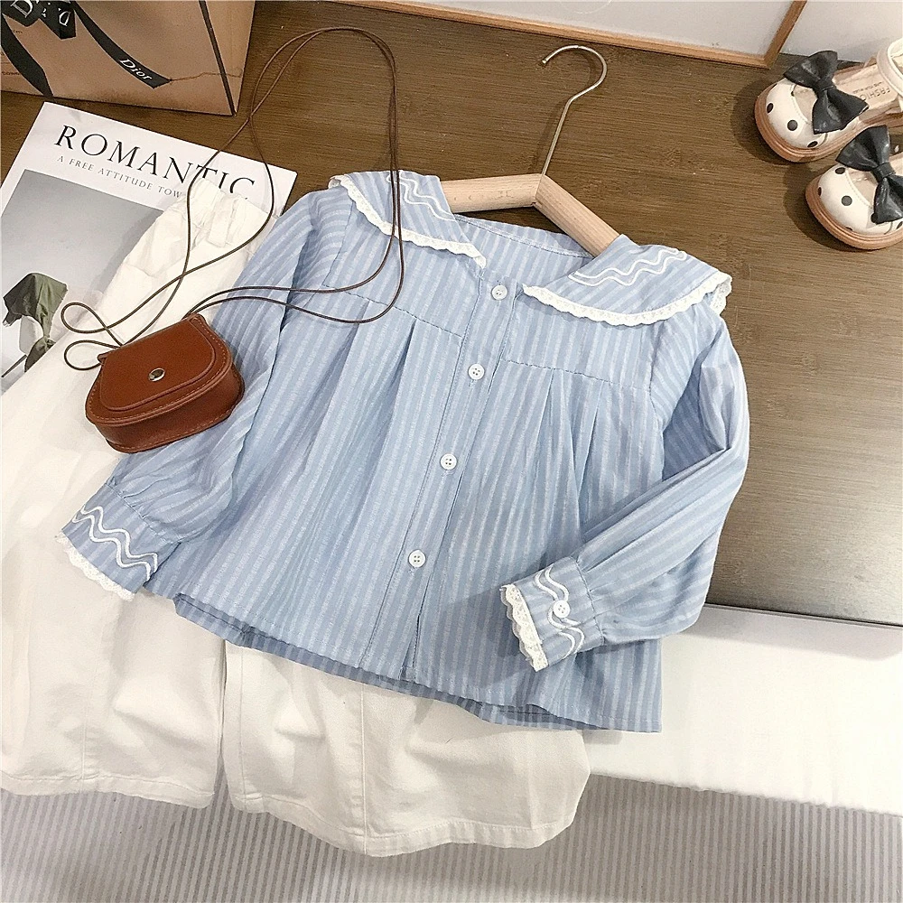 New Spring Toddler 1-9Y Girls Elegant Striped Lace Sailor Collar Blouse & White Wide Leg Trousers Set for  90-140cm