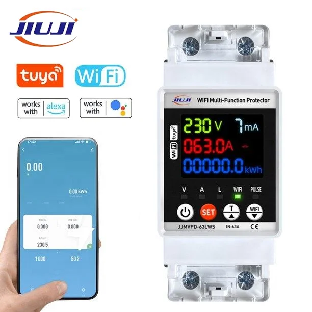 JIUJI 63A Din Rail WiFi Smart Protector JJMVPD‑63LWS TUYA App Energy Meter Leakage Voltage‑Current Protection