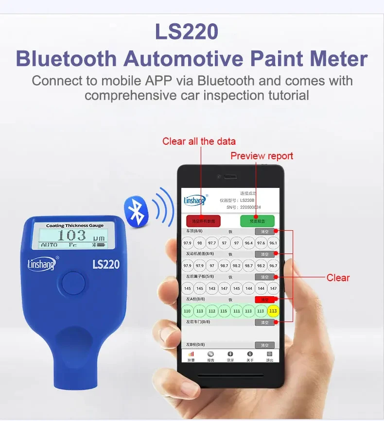 Tester di spessore del rivestimento della vernice 0-2000micron 0.1micron Fe NFe sonda Gauge LS220 per Auto Car Paint Film spessimetro-20 ℃ schermo