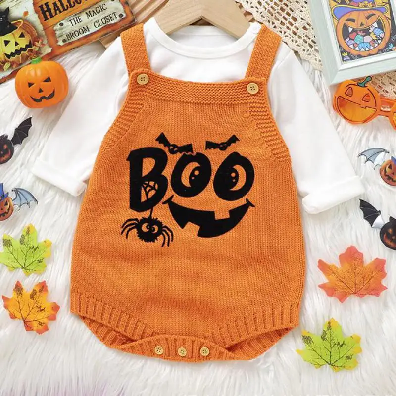 Autumn Winter Halloween Baby Clothes Newborn Knitwear Boy Girl Cartoon Knitted Suspender Bodysuit Cute Infant Knitting Onesie