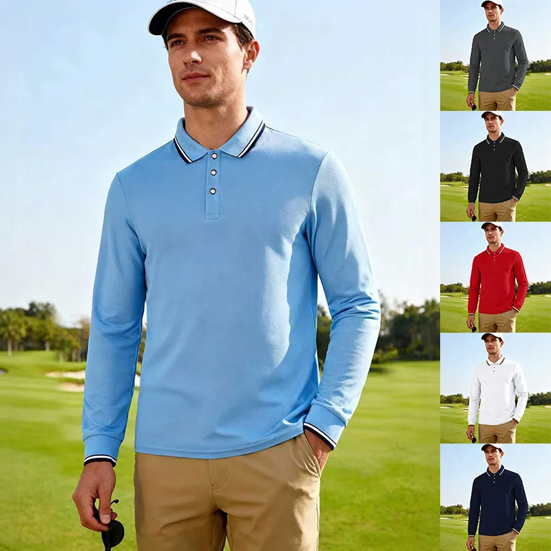 Cross-border autumn new loose men's casual jacquard polo shirt quick-drying breathable POLO golf long sleeves