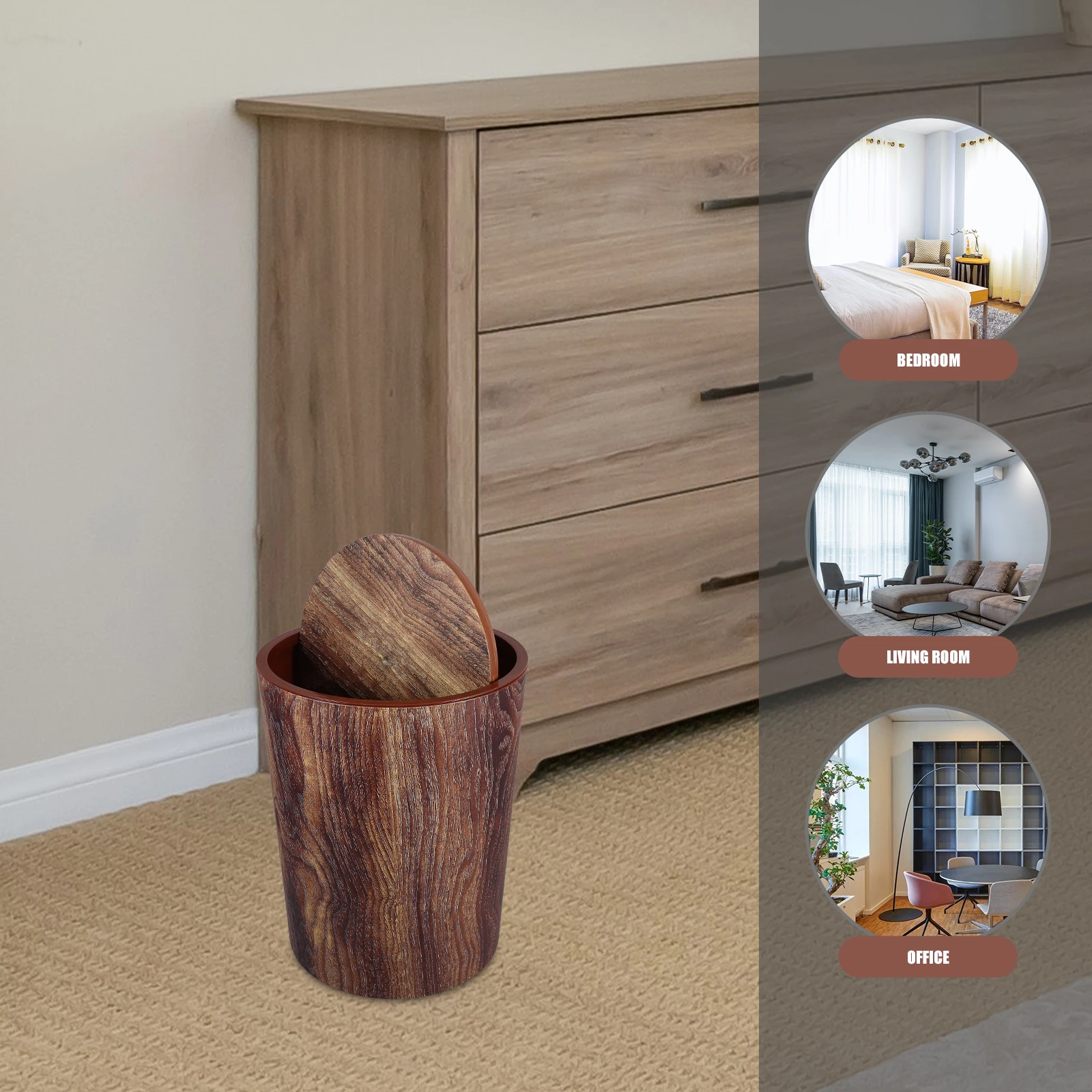 

Garbage Can Trash Bin Imitation Wood Grain Rotating Lid Bathroom Bedroom Office Restroom Light Brown Plastic Desk CansTrash