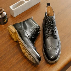 Desai Men's New Brogue Genuine Leather Boots Fleece-lined Shoes Fashion Boots,Warm,Large Size, Casual, Lace-up, Zipper,Gifts