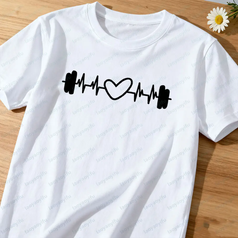 Gym Dumbbell Heartbeat Shirt Gym Sports Shirts Contracted Design Men Women Unisex Workout Clothes Casual Daily Life Cotton Tops