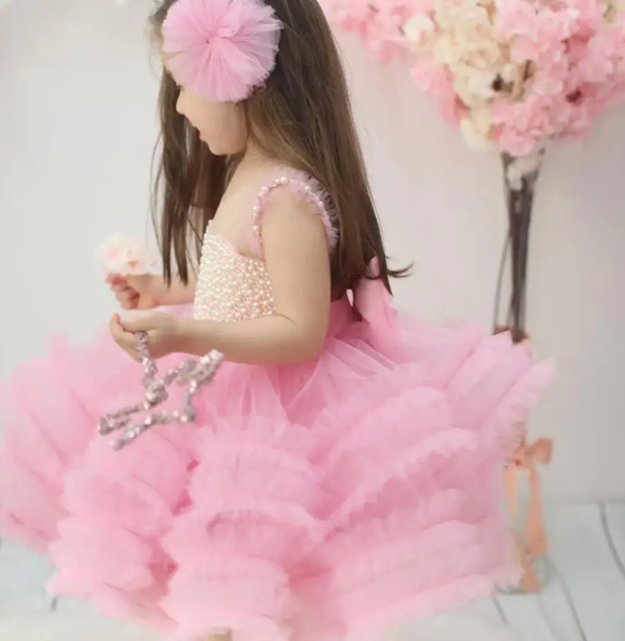 Vestido de cumpleaños Rosa hecho a mano con perlas de lazo para niña, Vestido de fiesta de Navidad, Vestido de ceremonia especial, tutú para niñas