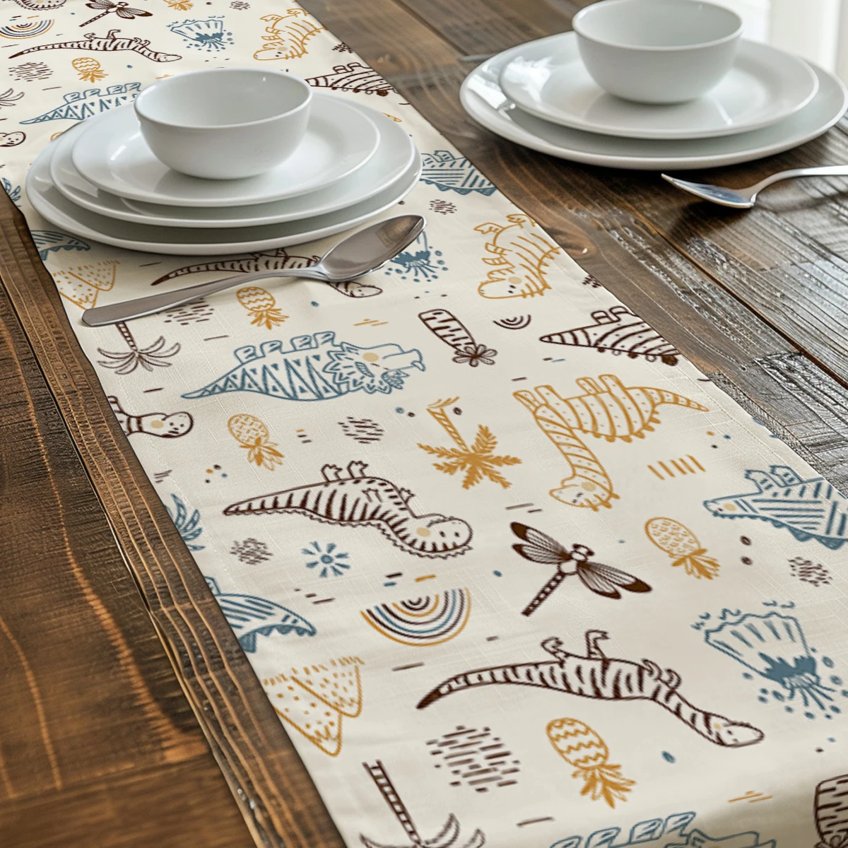 Cute Space Dinosaur Pattern Polyester Table Runner - Fun Table Decor for Kids' Dining Area, Home Party and Daily Use