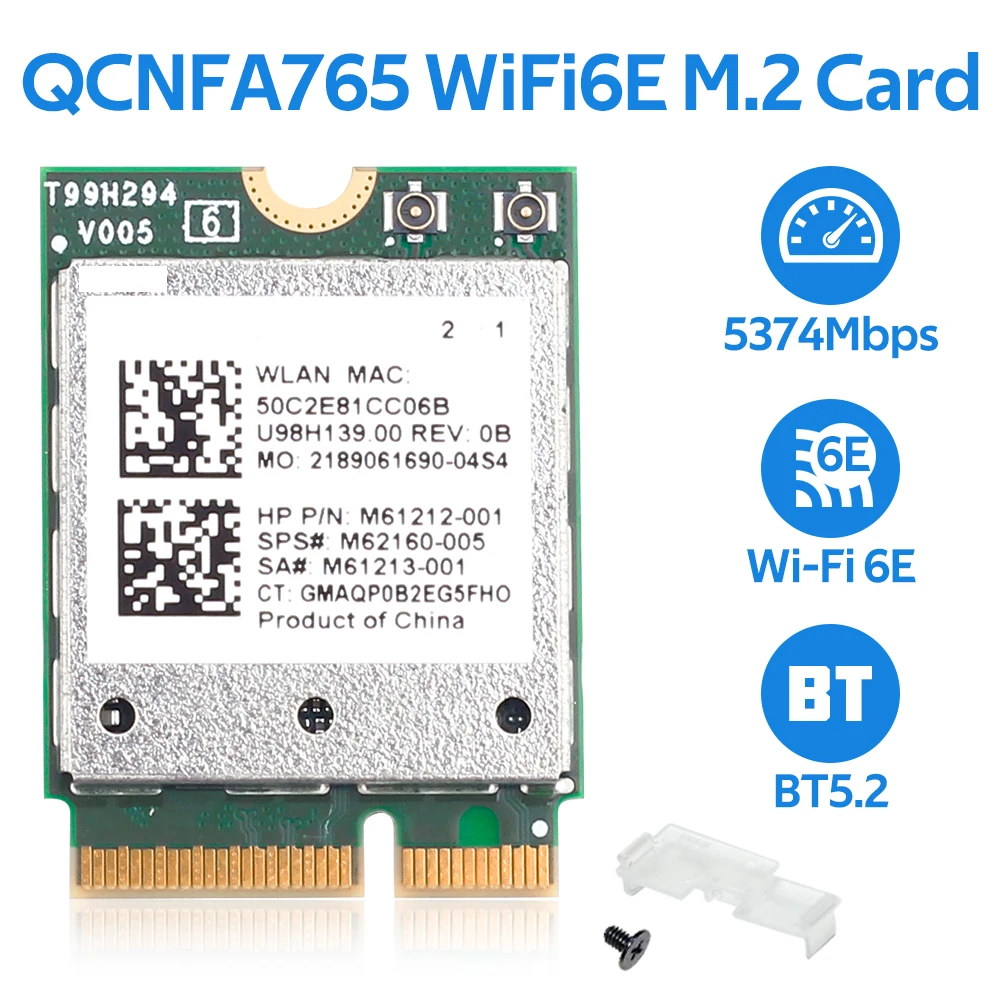 Qualcomm-Adaptateur sans fil QCNFA765, carte réseau M.2, Leicband 2.4/5/6 mesurz, Bluetooth 5.2, NFA765, WiFi 6E