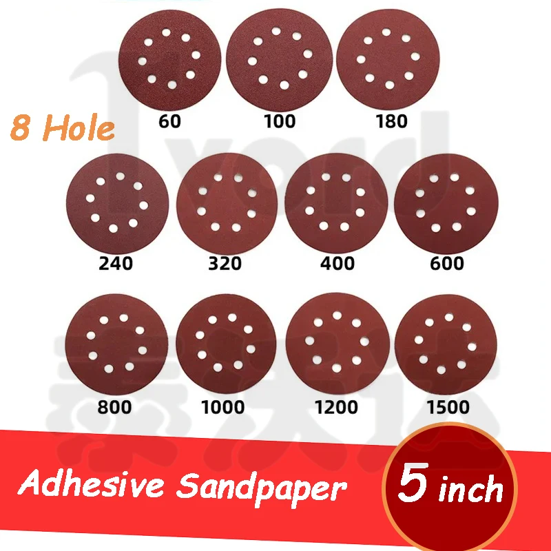 

10~100pcs Sanding Discs Hook and Loop Adhesive Sandpaper 5 Inch 8 Hole for Random Orbital Sander 60-2000 Grits Abrasive Sheets