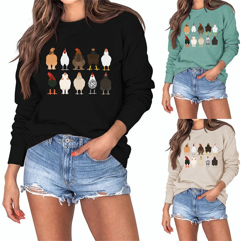 New fashion women\'s cotton chicken print Thanksgiving casual trend retro round neck long sleeve shirt plus size hoodie